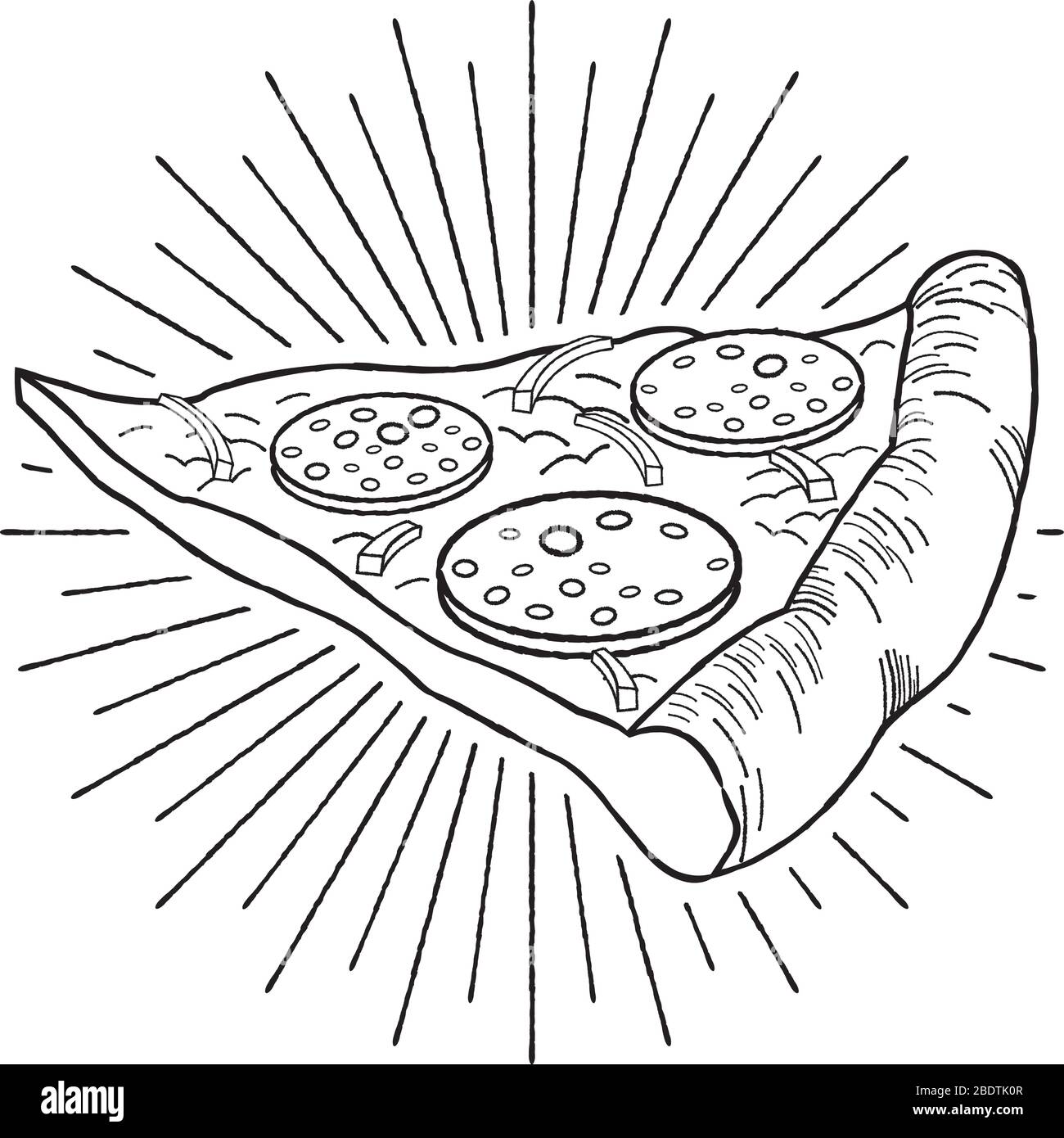Pizza (pepperoni, onion) black and white illustration/ drawing Stock