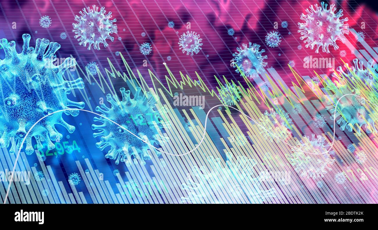 Economic business pandemic and economy with disease as fear and coronavirus fears or virus Outbreak and Stock market sick financial health. Stock Photo