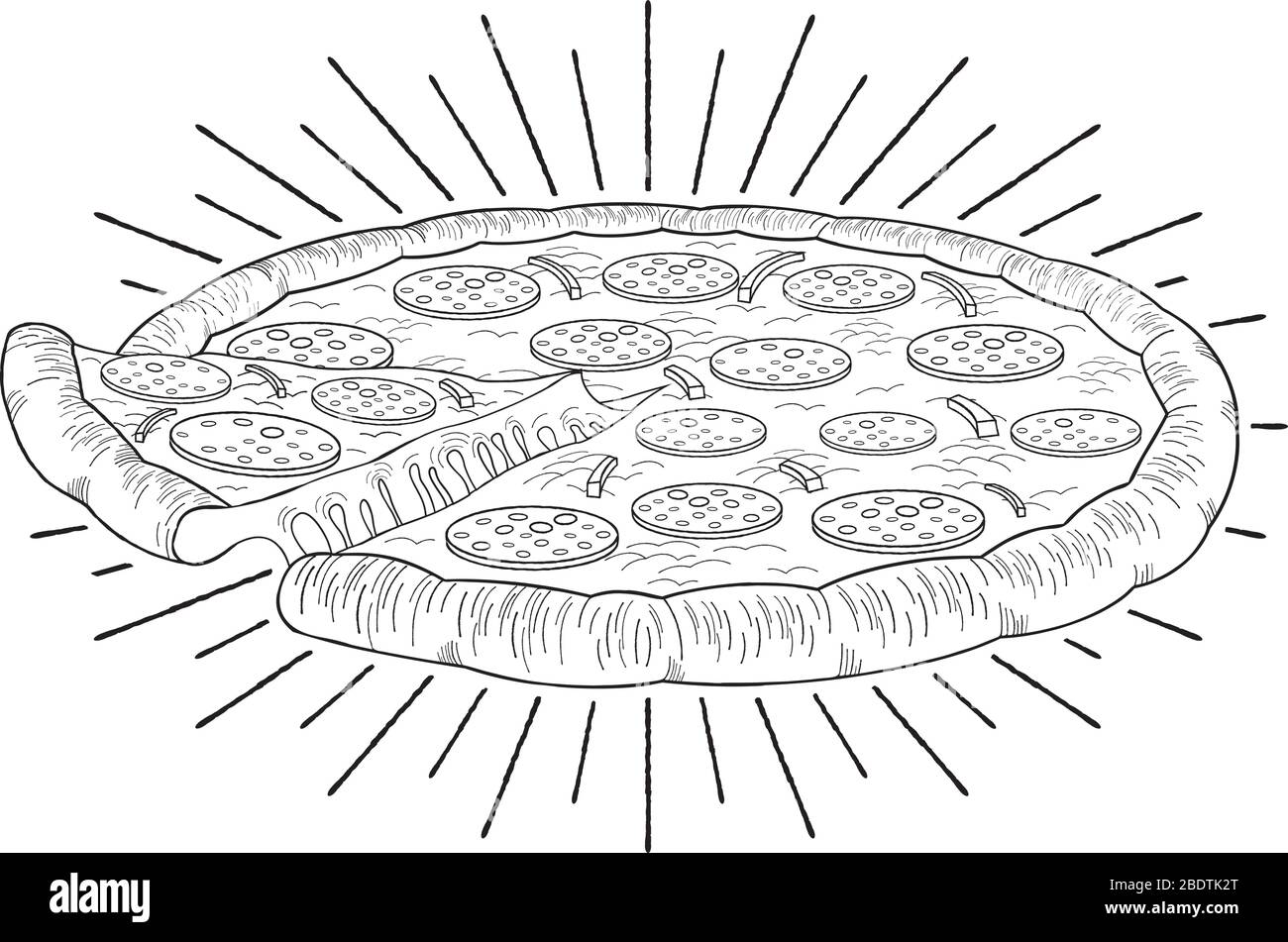Pizza (pepperoni, onion) black and white illustration/ drawing Stock