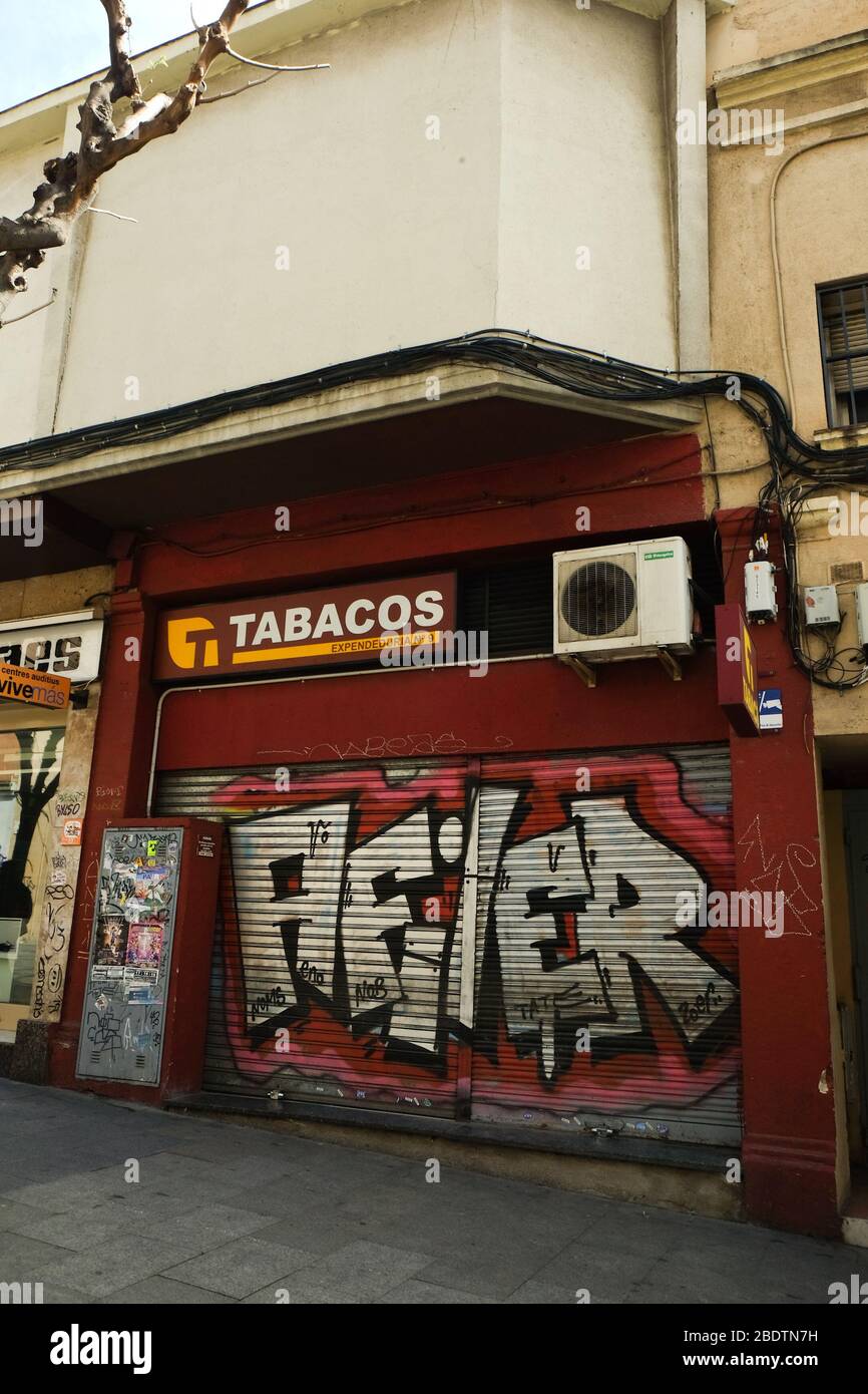 Barcelona, Spain April 2020 : a close tobacco store in carrer Santa Eulalia,  Hospitalet de Llobregat Stock Photo