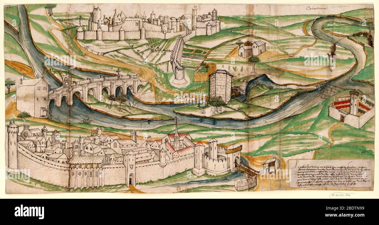 Painting of Carcassonne from 1462 -  A painting from 1462 that influenced Viollet-le-Duc's restoration work. Stock Photo