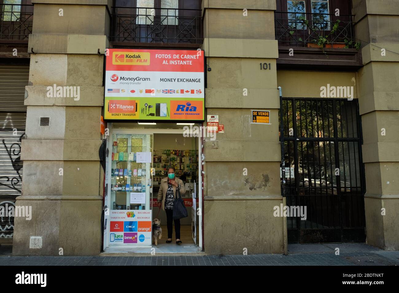 Barcelona, Spain April 2020: A cell phone store in Parallel neighborhood remain open in during the Corona Virus Outbreak Stock Photo