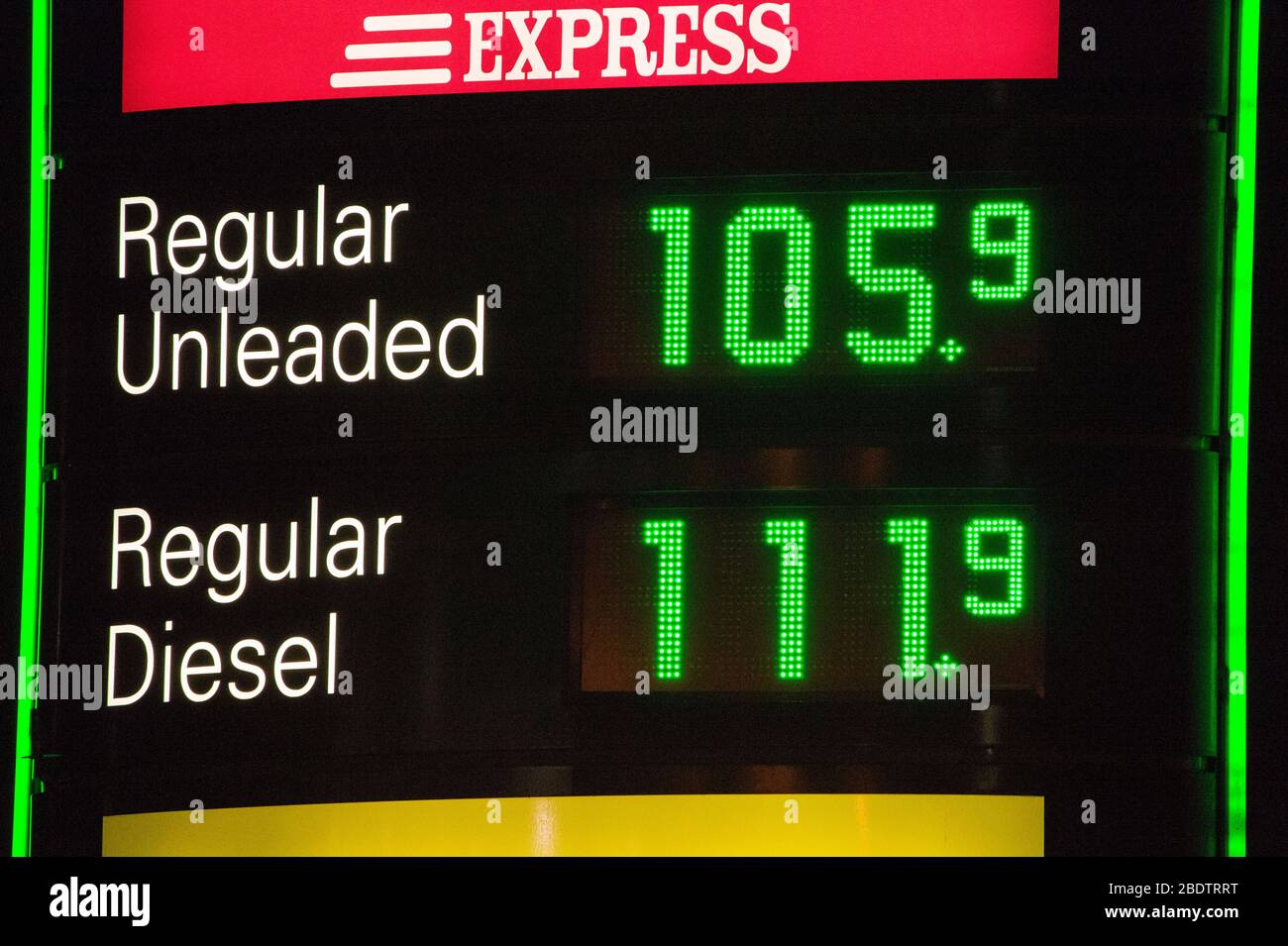 Cumbernauld, UK. 10th Apr, 2020. Pictured: Londis BP filling station: Unleaded 105.9 pence/litre Disel 111.9 pence/litre UK Petrol pump prices have plummeted almost £1.00 per litre due to the the Coronavirus (COVID-19) crisis lockdown which has forced people to stay at home. In March 2020 the price oil fell below US$25 per barrel. Credit: Colin Fisher/Alamy Live News Stock Photo
