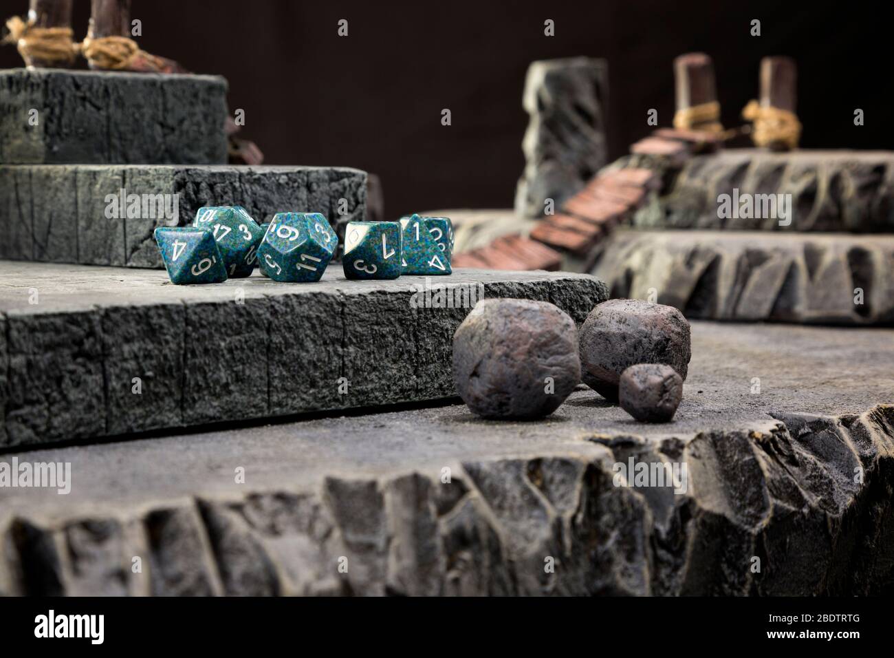 A close up of a gaming set up for a Dungeons and Dragons type role playing game. Stock Photo