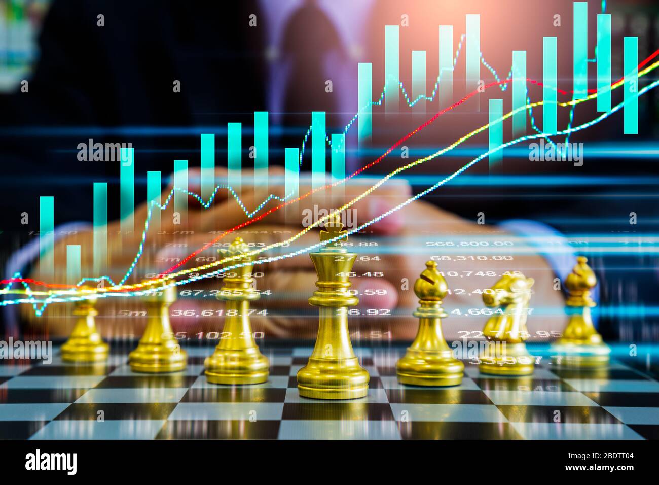 Chess game on chess board on stock market or forex trading graph chart for financial investment concept. Economy trends for digital business marketing Stock Photo