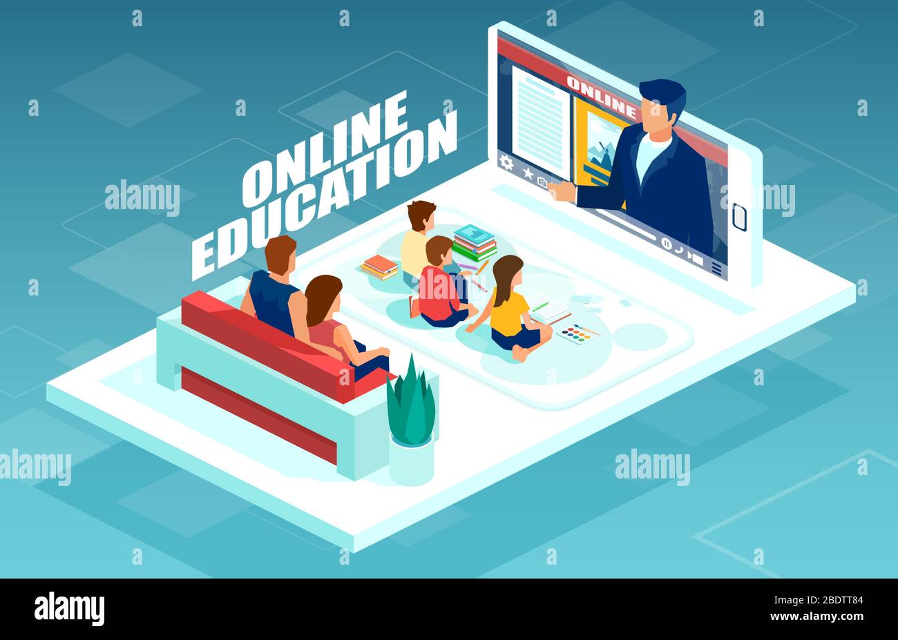 Vector of a family staying at home with children watching a teacher online on a smartphone app explaining a new class topic Stock Vector