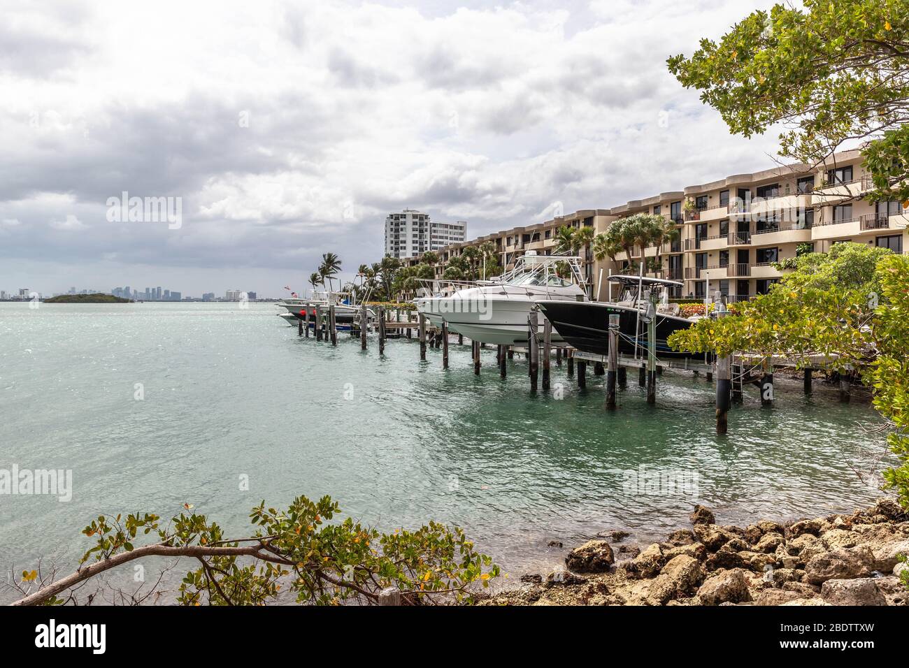 Perspective view of Mariners Bay Condo Association overlooking Biscayne Bay,  North Miami, Florida, USA. Stock Photo