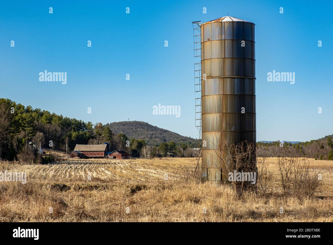 A farm silo stands alone in a field Stock Photo