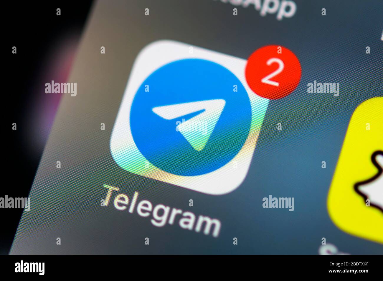 Telegram, messenger service, app icon, display on display of mobile phone, smartphone, detail, full format Stock Photo