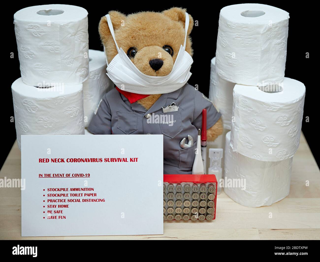 In the event of Coronavirus – You need a Red Neck Coronavirus Survival kit! Stockpile ammunition, toilet paper, stay home, be safe, have fun. Stock Photo