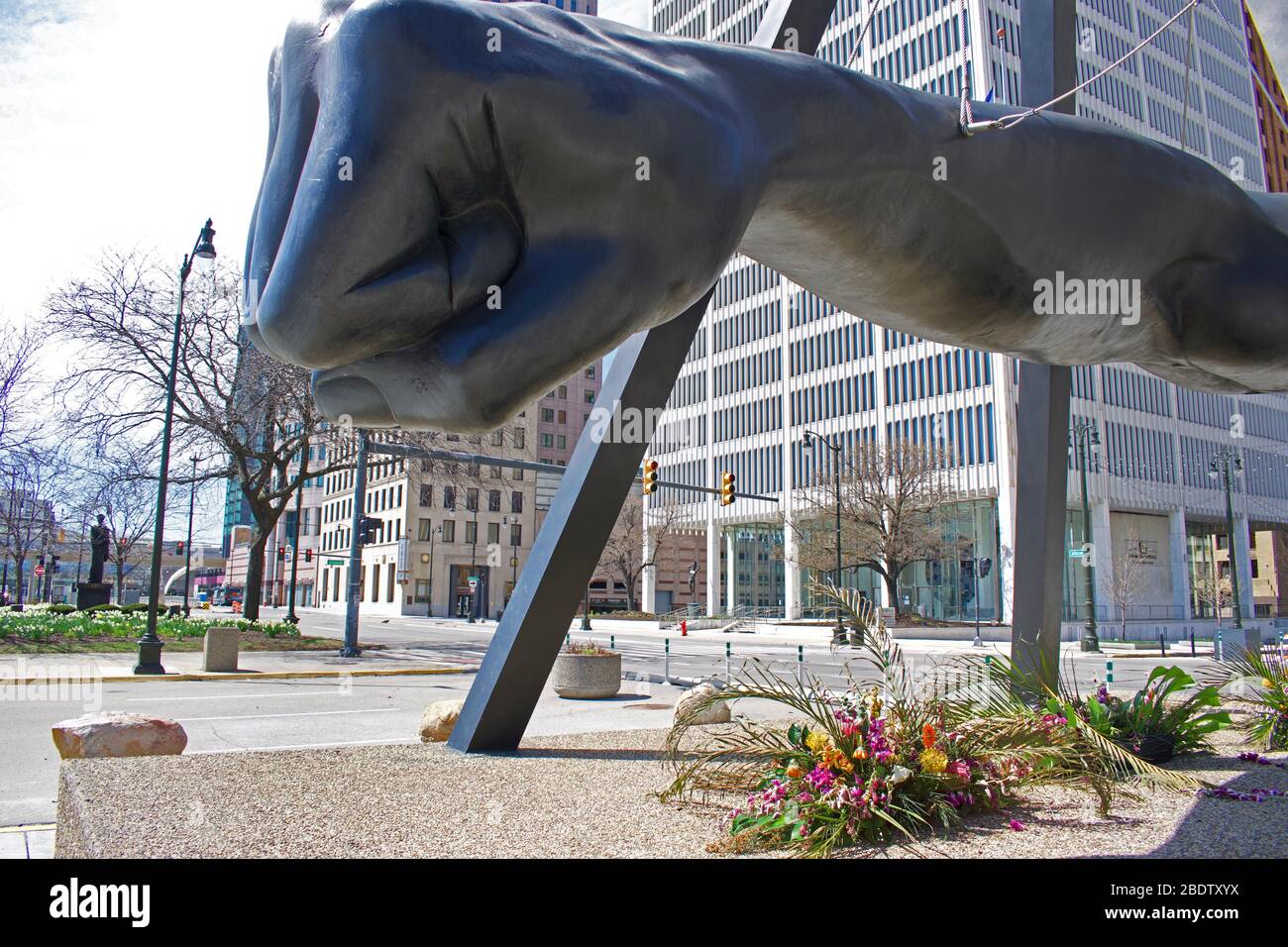 Joe Louis Boxer's Fist and Arm in Downtown Detroit, April 5,2020,Empty and No One Around Because of Coronavirus Stay At Home Order. Stock Photo