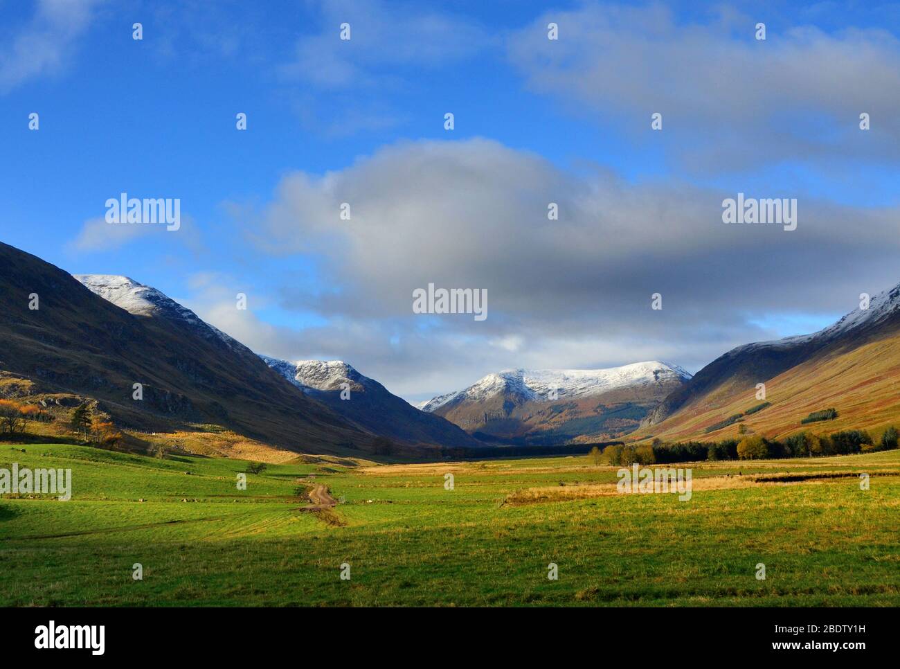 Glen Clova, one of five Angus glens , Scotland, in early winter with a touch of snow on the hill tops. Stock Photo