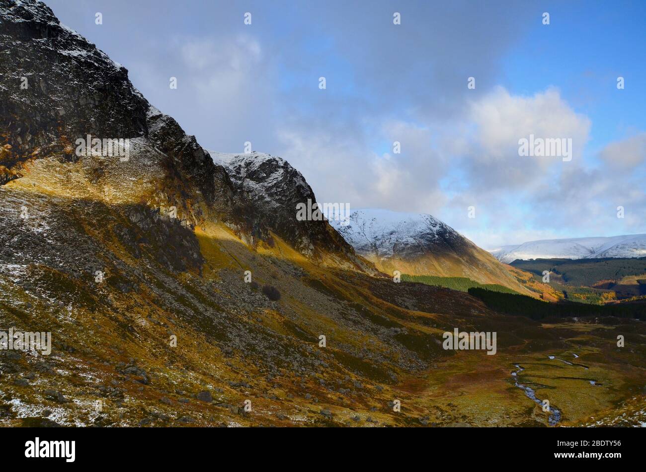 Glen Doll, within the Cairngorms National Park in Scotland, in early winter with a touch of snow on the hill tops. Stock Photo