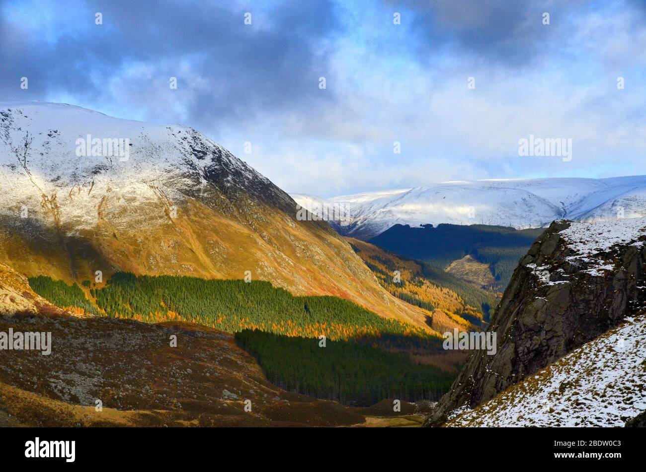 Glen Doll, within the Cairngorms National Park in Scotland, in early winter with a touch of snow on the hill tops. Stock Photo