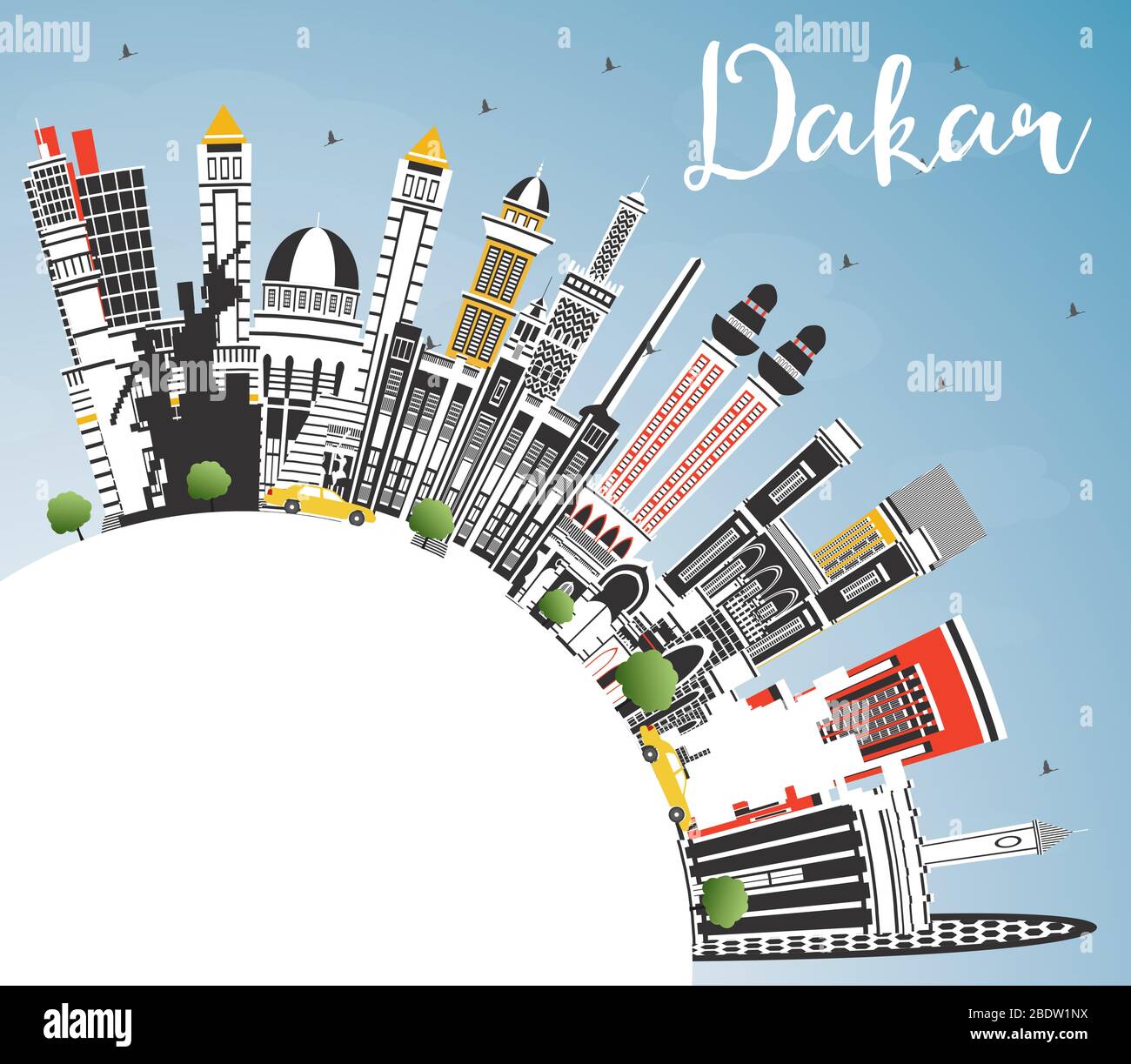 Dakar Senegal City Skyline with Color Buildings, Blue Sky and Copy Space. Vector Illustration. Business Travel and Concept with Historic Architecture. Stock Vector