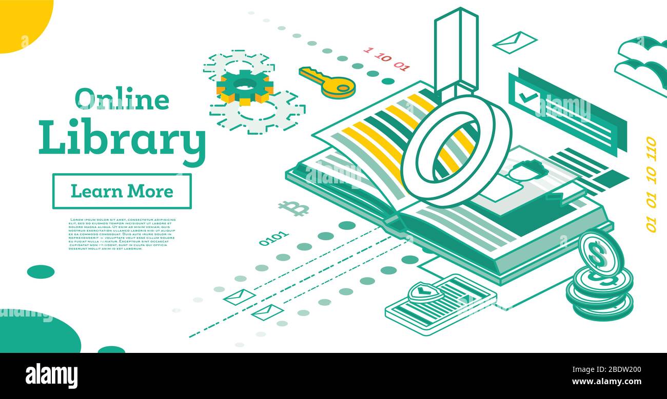 Online Library Outline Isometric Education Concept. Vector Illustration. Open Book with Loupe isolated on White. Stock Vector
