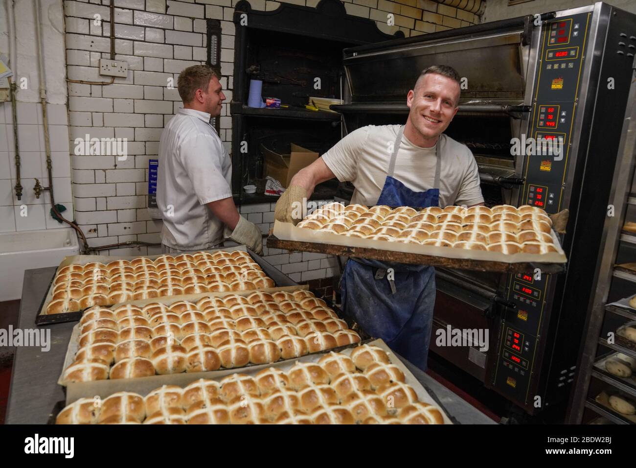 Cardiff, Wales, UK. 10th April 2020. During the Coronavirus outbreak Allens Bakery in Cardiff produces over 1200 hot cross buns to celebrate Good Friday. Credit: Haydn Denman/Alamy Live News. Stock Photo
