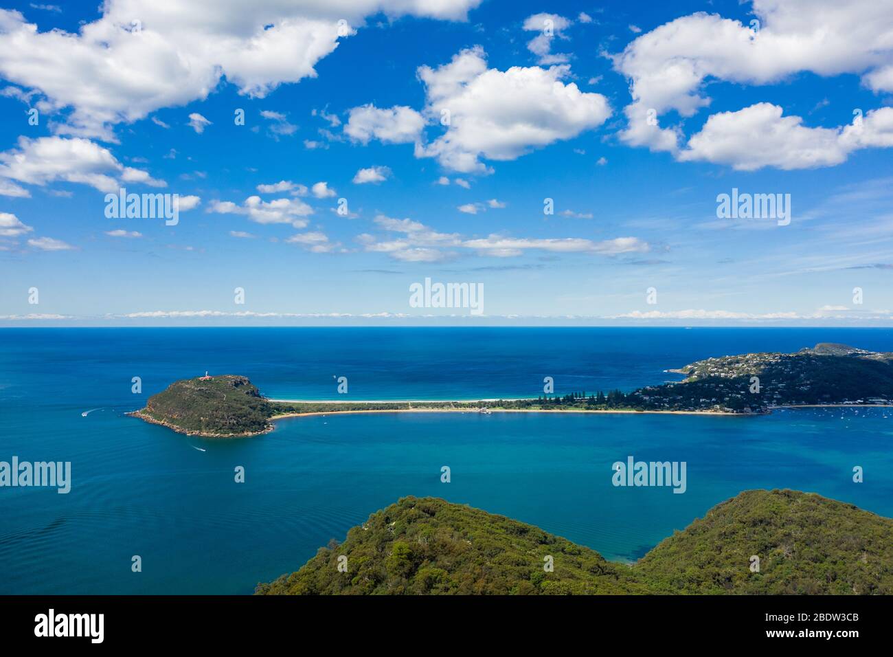 Aerial view of Barrenjoey Lighthouse, Barrenjoey Head, Palm Beach and ...