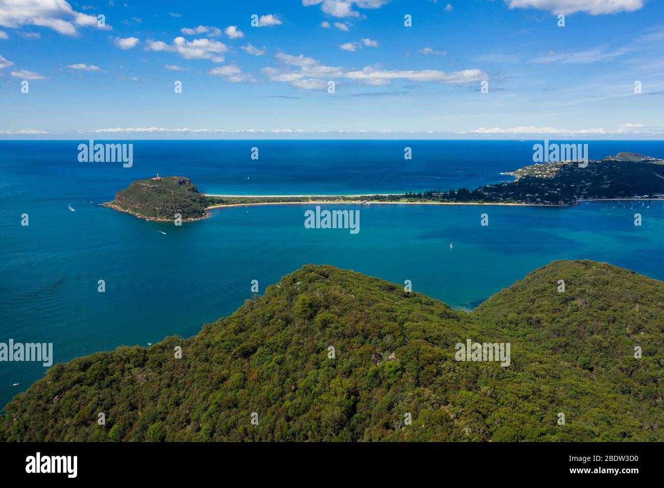Aerial view of Barrenjoey Lighthouse, Barrenjoey Head, Palm Beach and ...