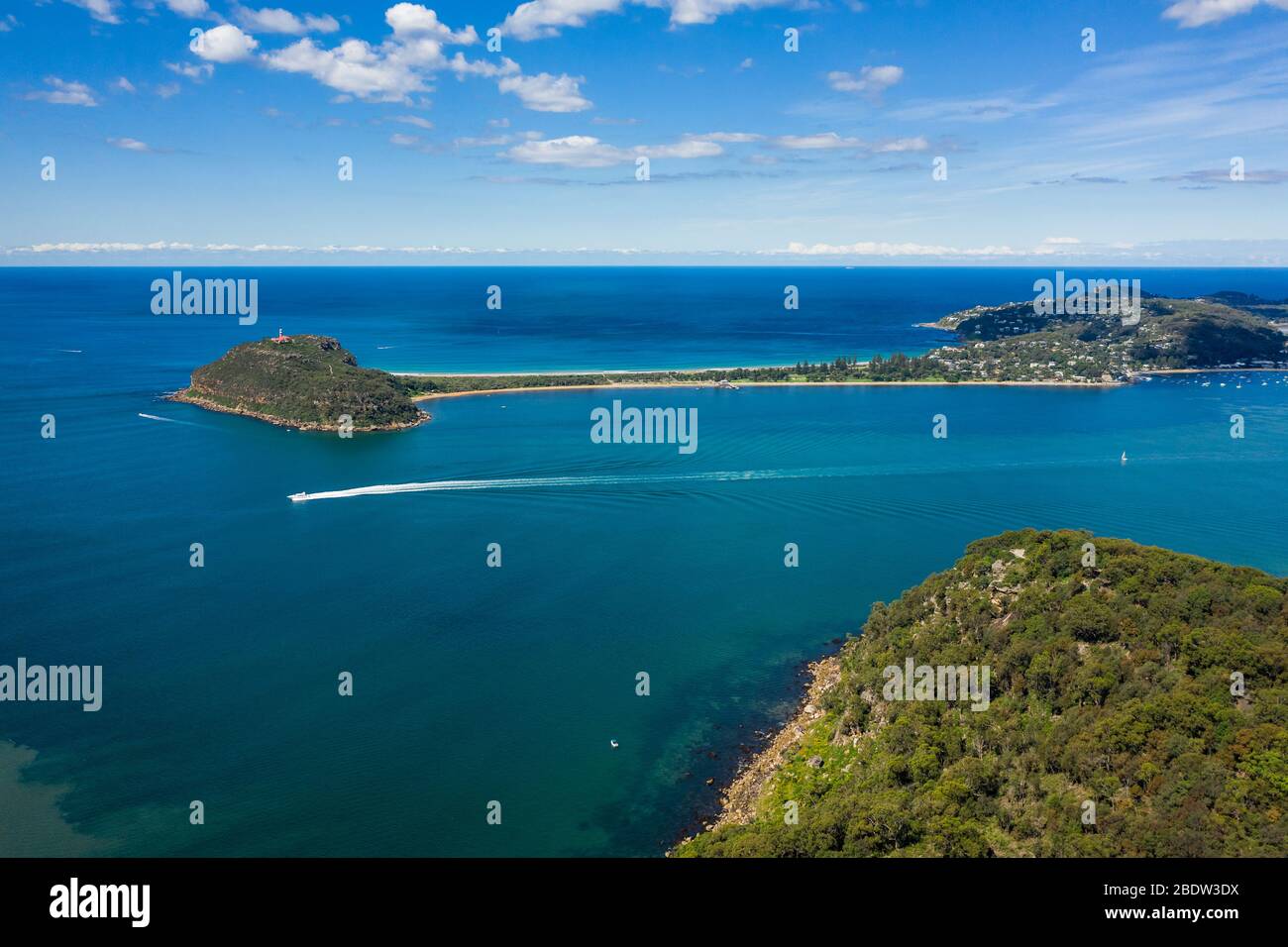 Aerial view of Barrenjoey Lighthouse, Barrenjoey Head, Palm Beach and ...