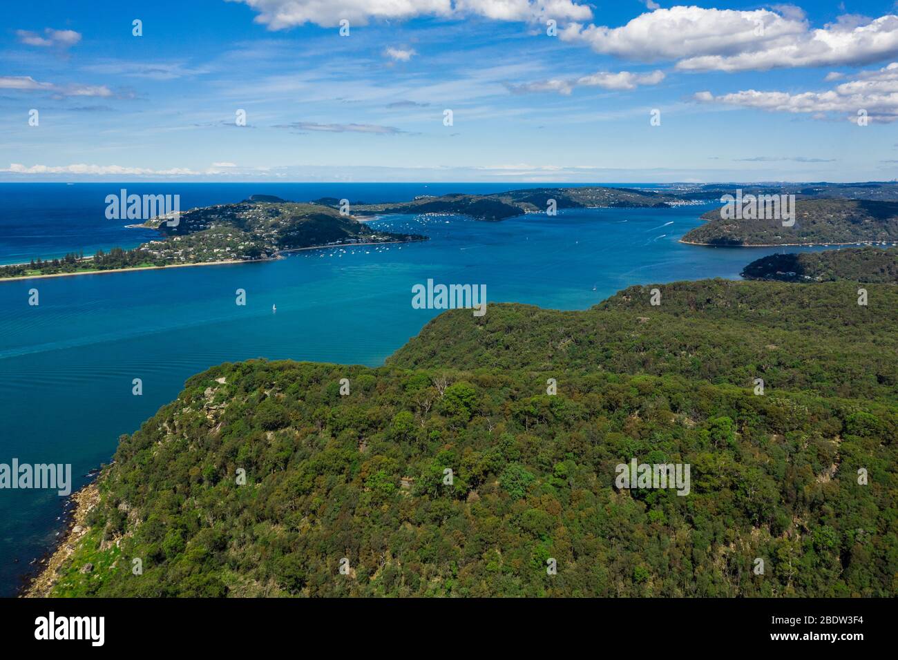 Aerial view of Barrenjoey Head, Palm Beach and Pittwater, from West ...