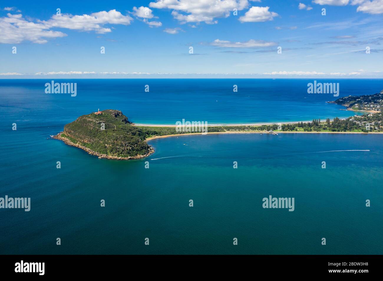 Aerial view of Barrenjoey Lighthouse, Barrenjoey Head, Palm Beach and ...