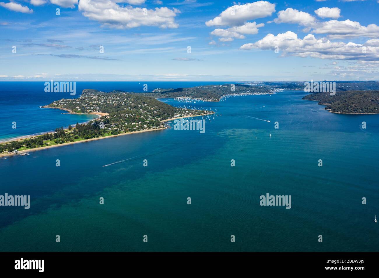 Aerial view of Barrenjoey Head, Palm Beach and Pittwater, from West ...