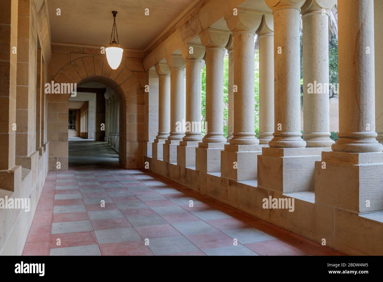 Empty Corridor of Cecil H. Green Library in Stanford University. Stock Photo