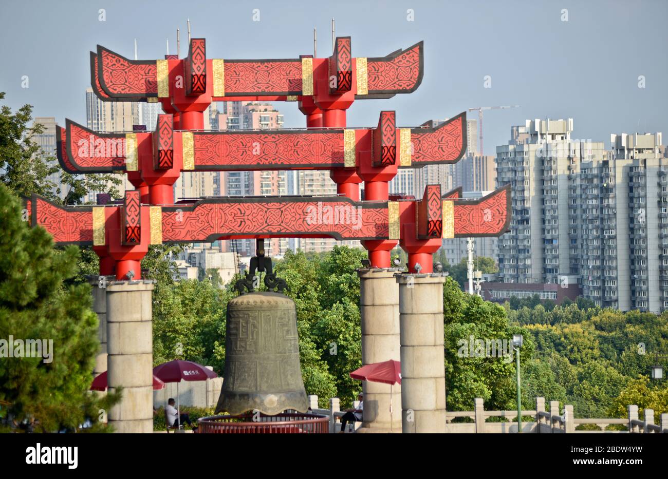 Yellow Crane Tower: panoramic view to the east Wuhan and the Millennium Bell. China Stock Photo