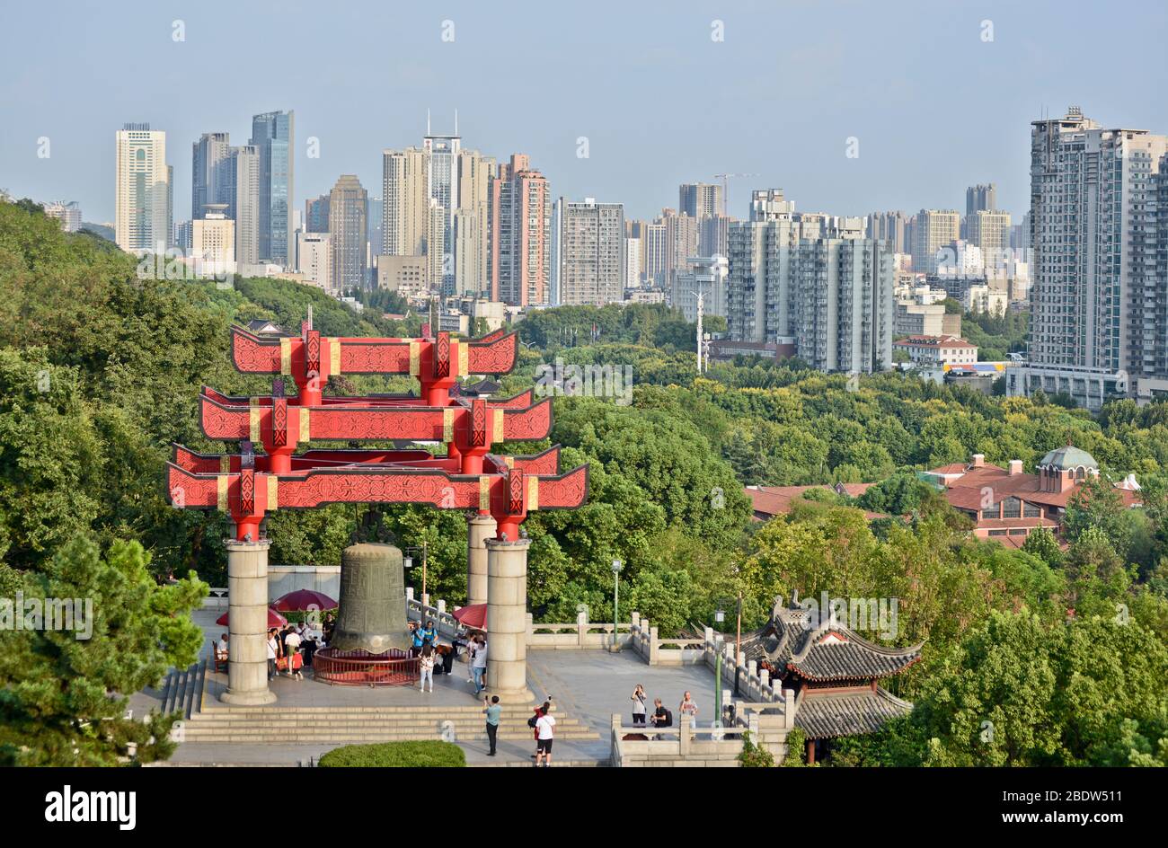 Yellow Crane Tower: panoramic view to the east Wuhan and the Millennium Bell. China Stock Photo