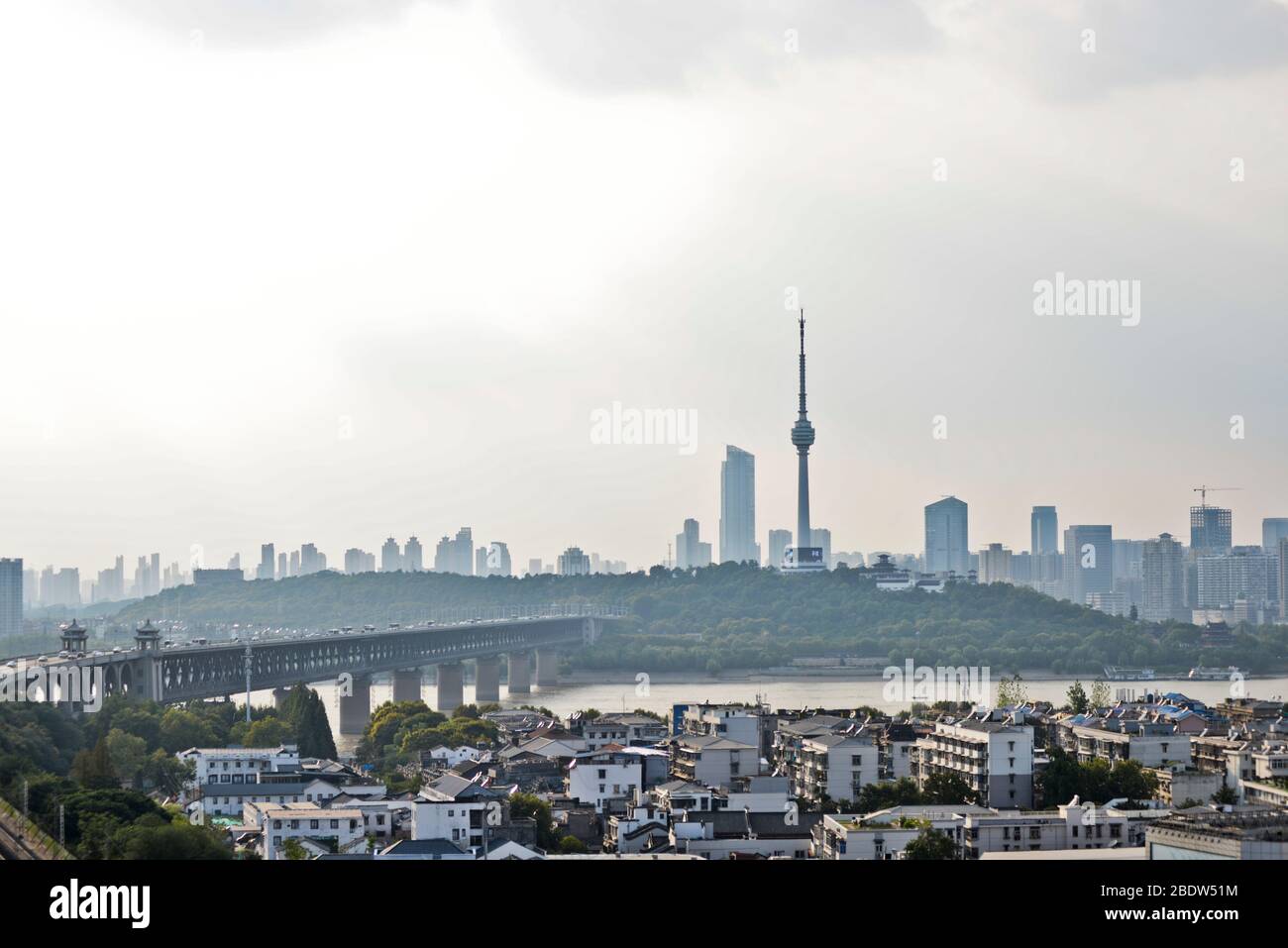 Wuhan, China. Panoramic view from the Yellow Crane Tower, with the  Yangtze River and the TV Tower Stock Photo