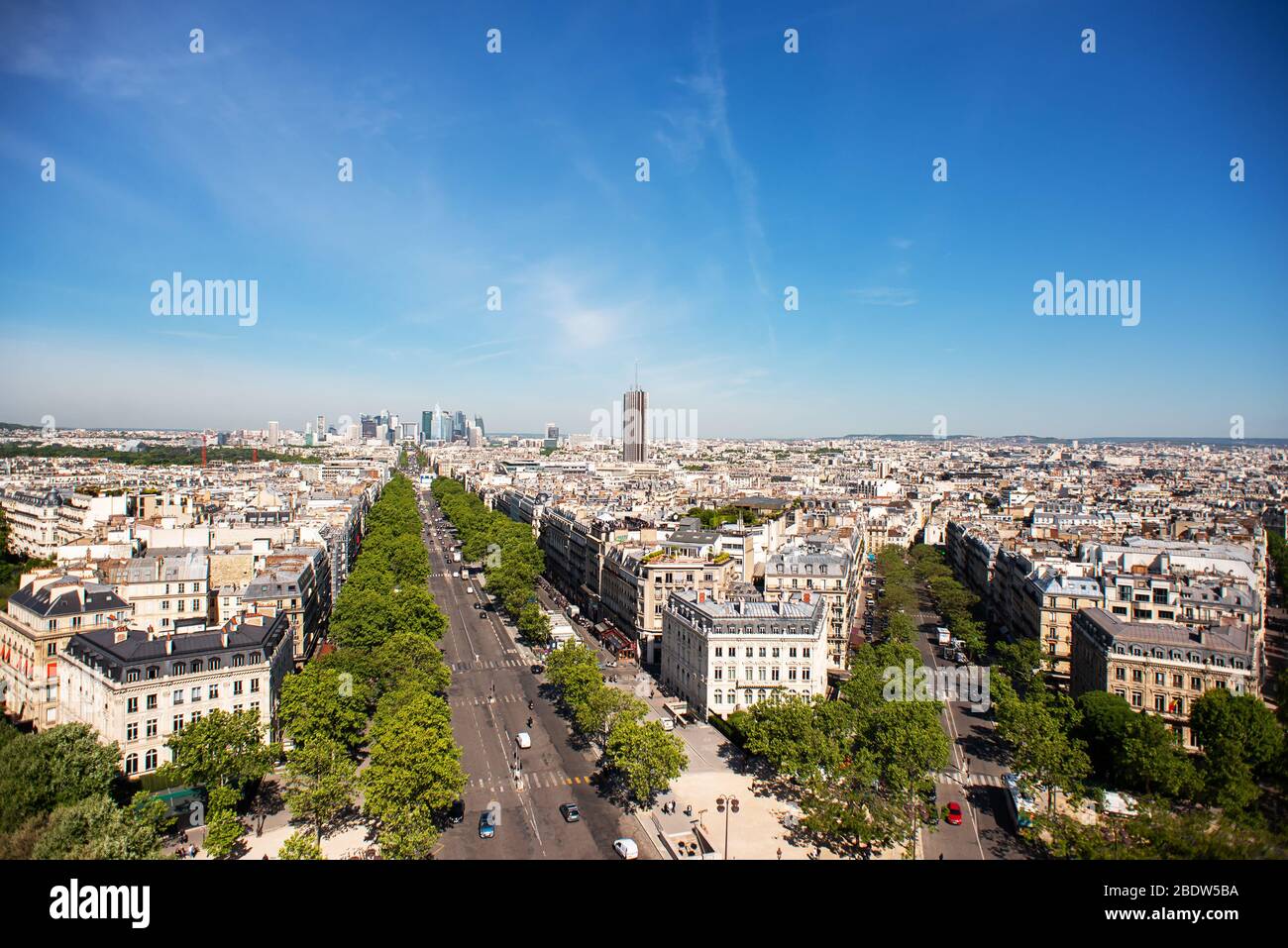 Paris Skyline. La Defense Business Area, La Grande Armee avenue. View from Arc de Triomphe. Paris, France, Europe. Stock Photo