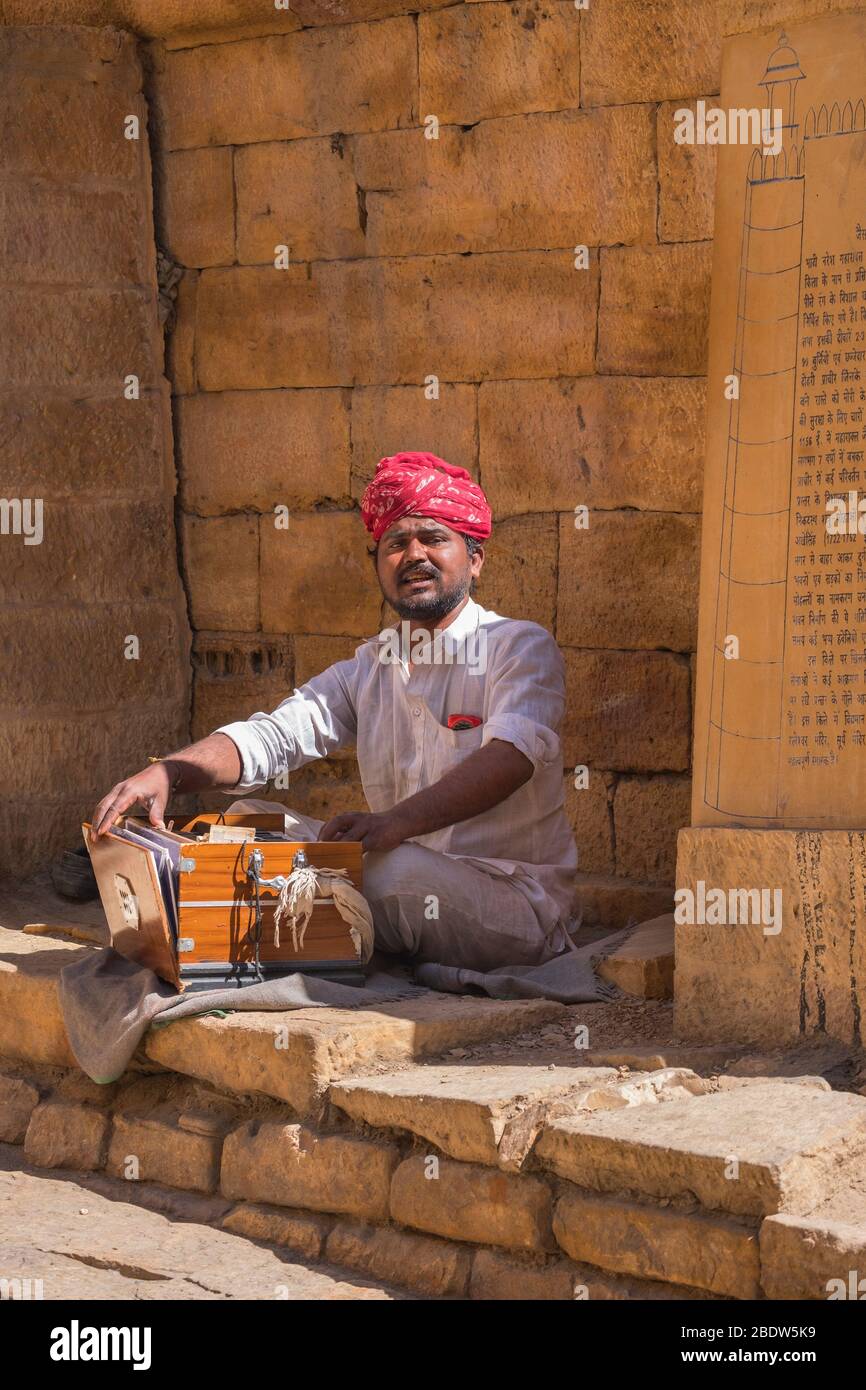 Traditional musician Jaisalmer Fort Rajasthan India Stock Photo