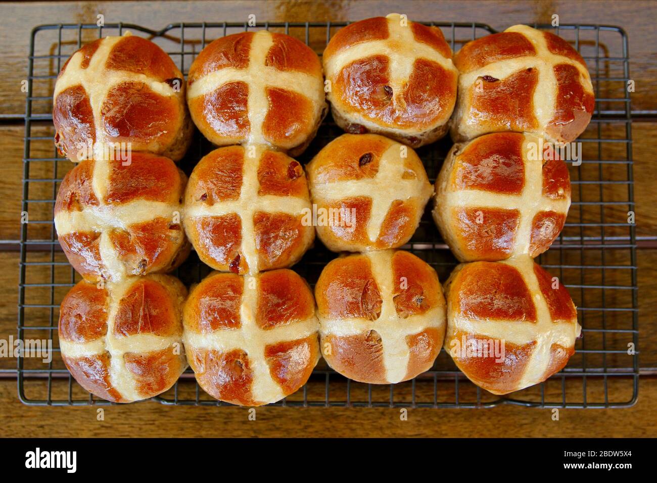 Homemade hot cross buns. Stock Photo