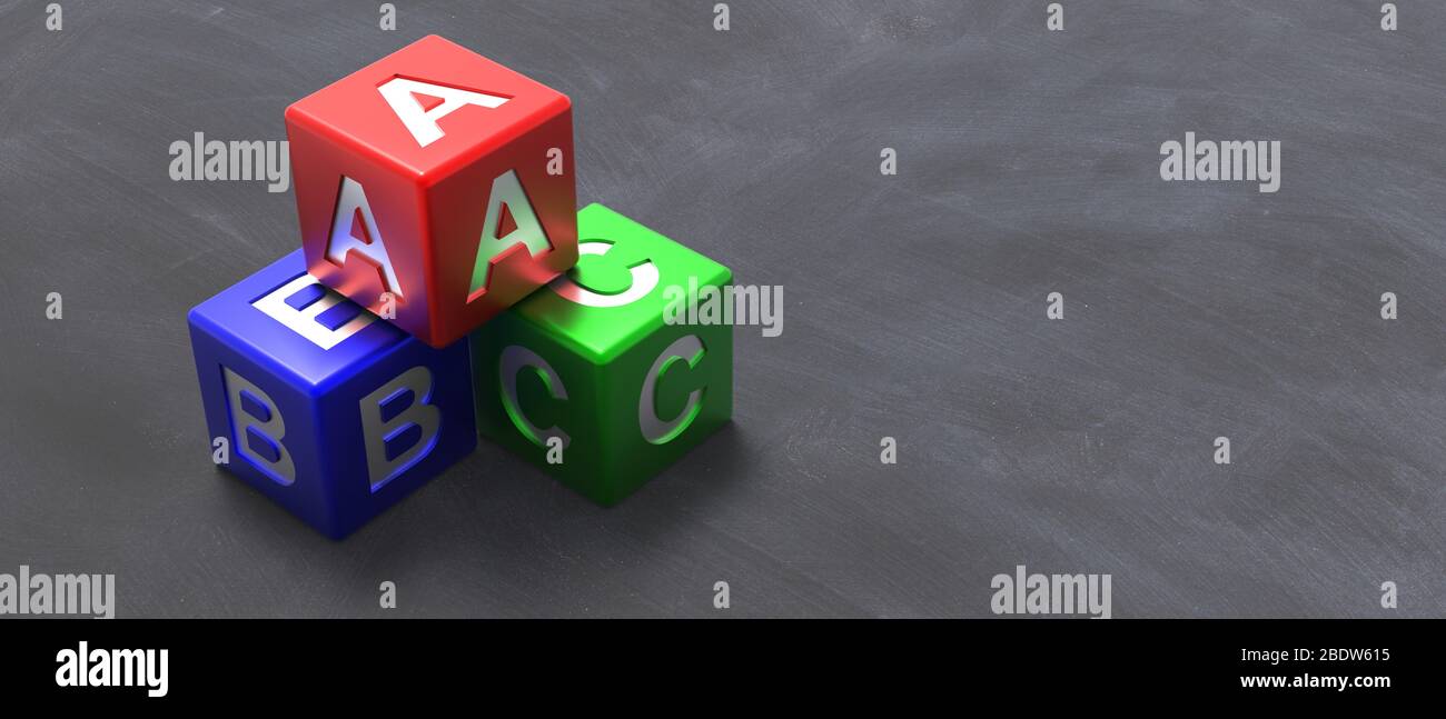 School, preschool, kids education concept. Abc letters on colorful cubes on black chalkboard background. 3d illustration Stock Photo