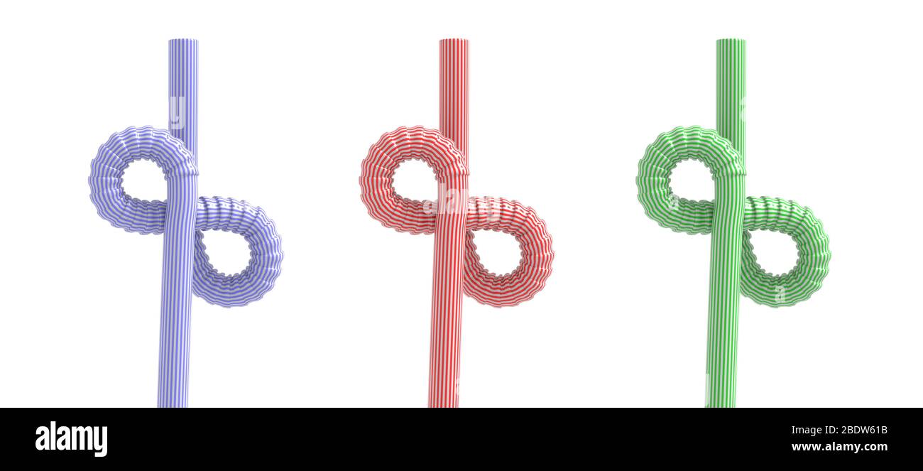 Infinity symbol drink forever concept. Drinking straws striped isolated cutout against white background, Bendy infinite shape. 3d illustration Stock Photo
