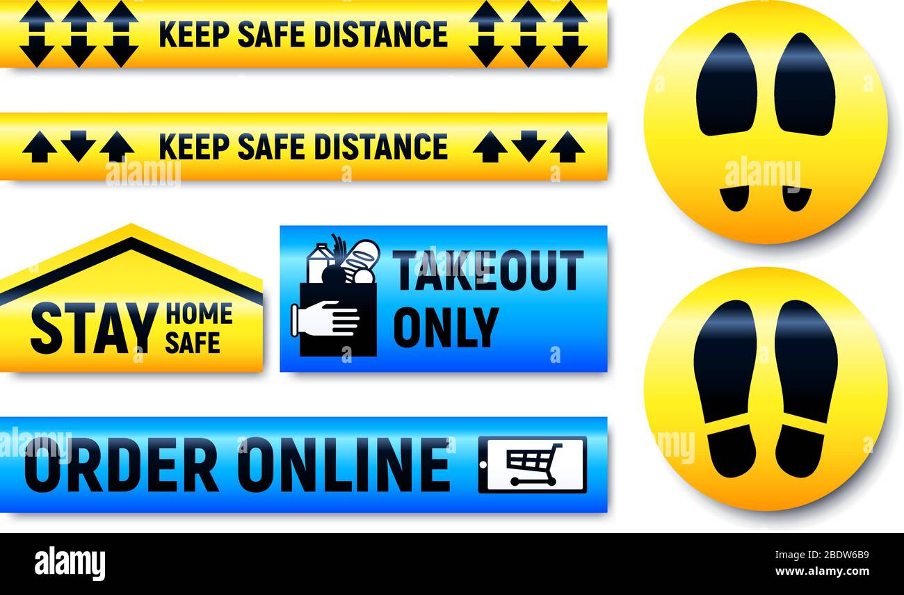 Keep Distance and Stay Home stickers and markers set for shop or supermarket during epidemic quarantine of coronavirus COVID-19 Stock Vector