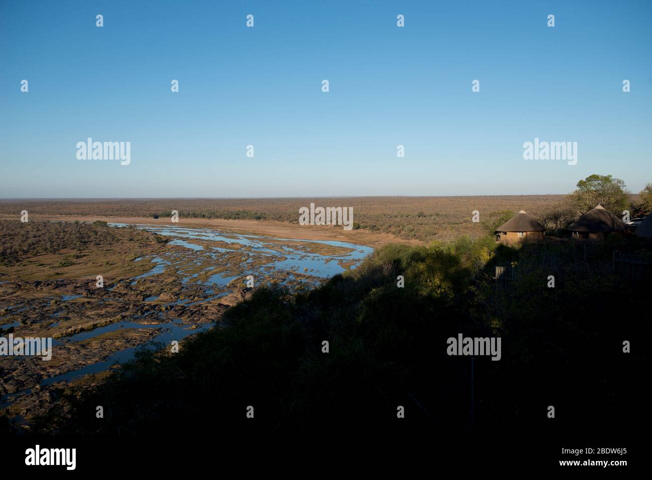 Olifants river view running through sandbanks with bungalow, Olifants