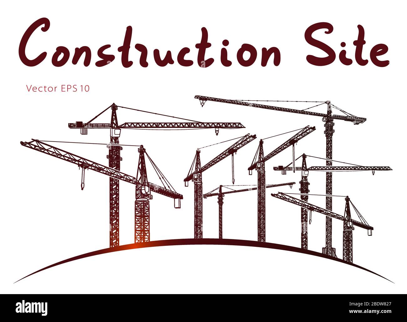 Construction site tower cranes. Vector freehand draw Stock Vector