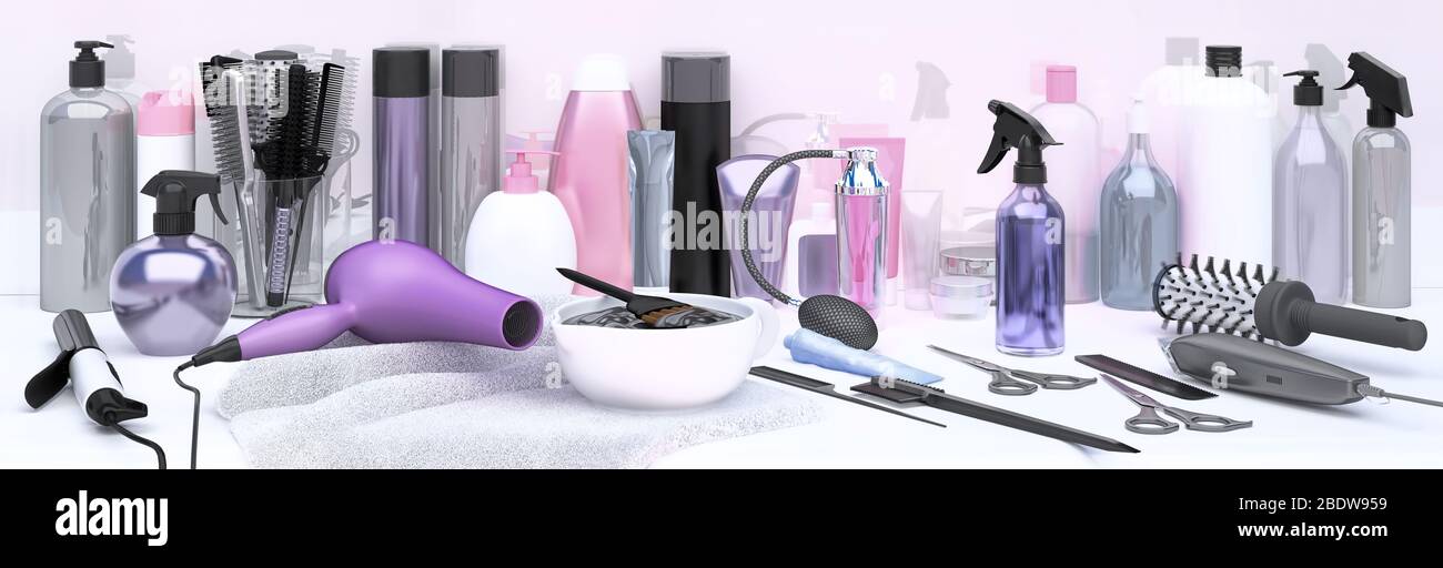 Set of professional hairdressing tools for hair coloring. Table in hair
