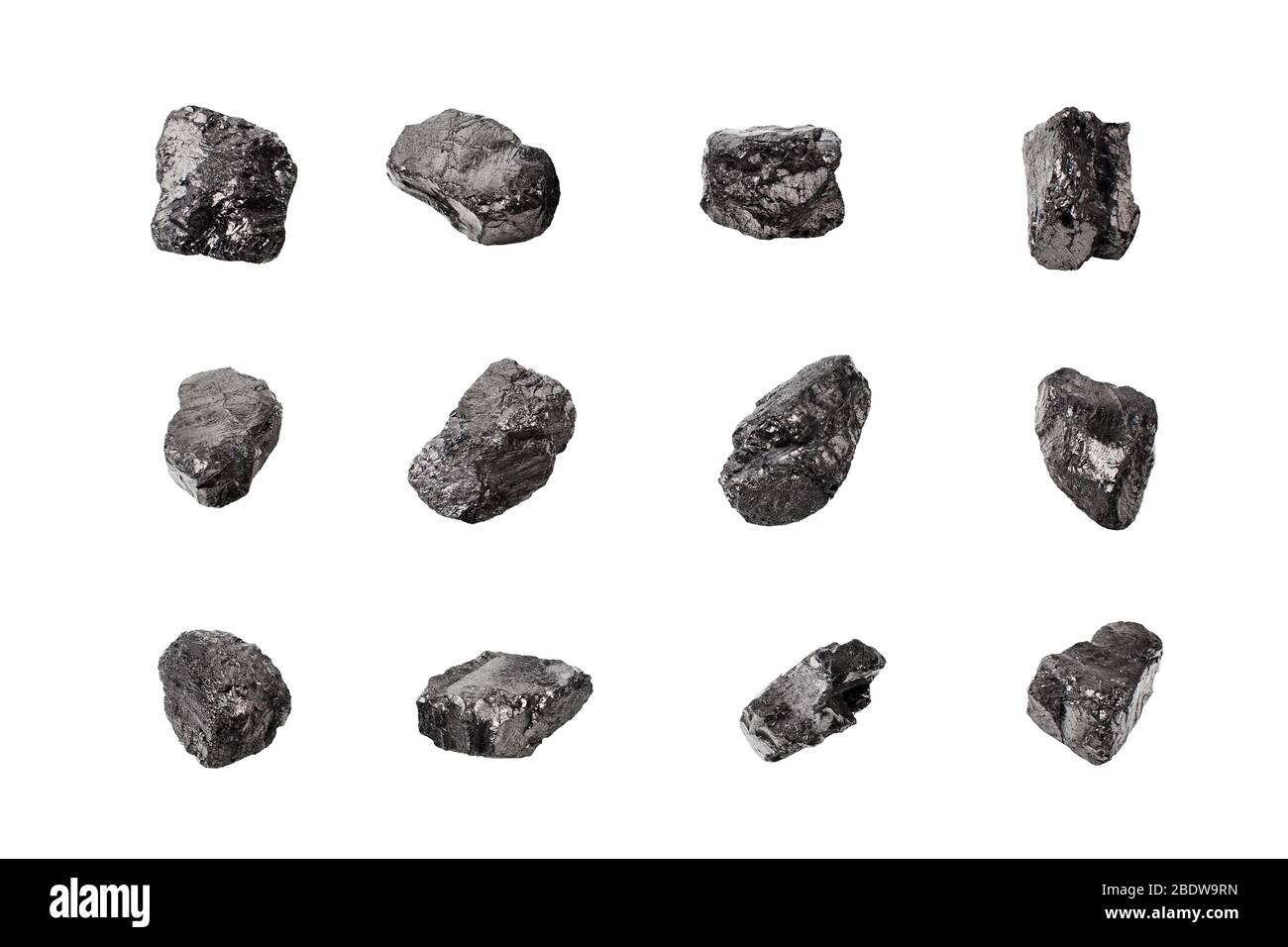 Black coal stones set on white background isolated close up, natural charcoal pieces collection