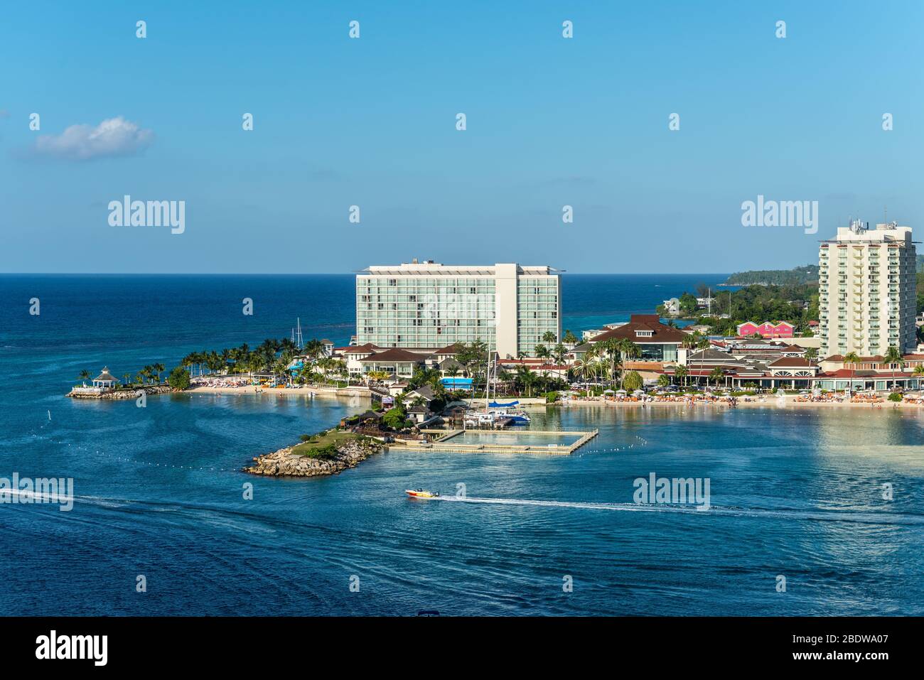 Ocho Rios, Jamaica - April 22, 2019: Coastline view with Dolphin Cove Moon Palace, in the tropical Caribbean island of Ocho Rios, Jamaica. Stock Photo
