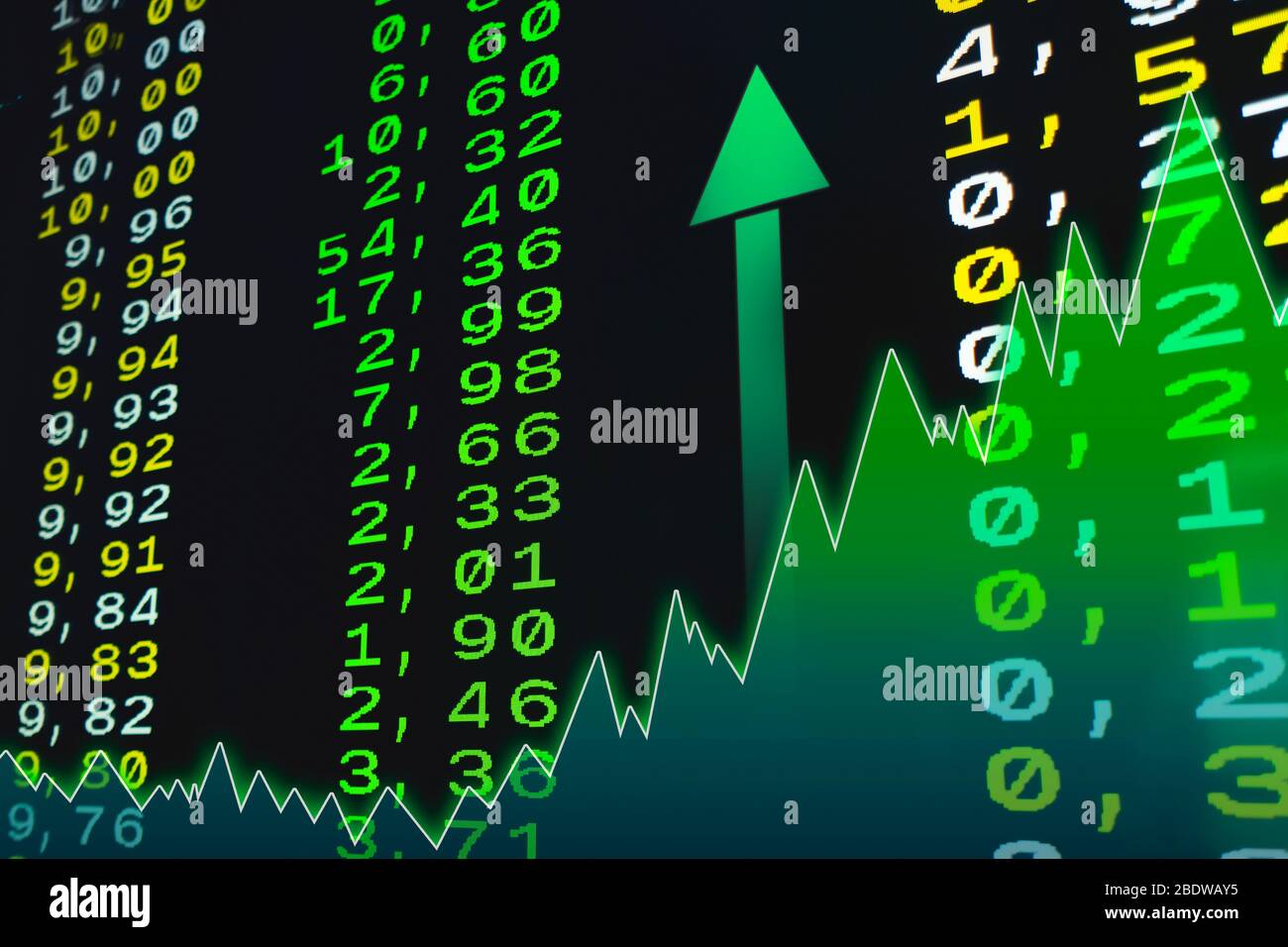 Stock Market Values in Green Numbers Showing The Increased Prices of the Share Values on Teletex Stock Photo