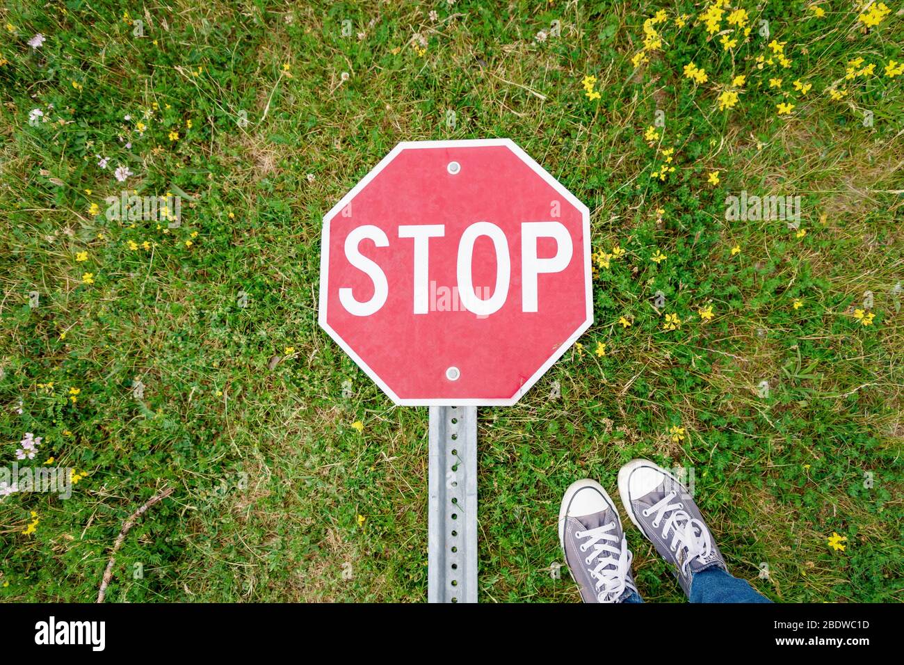 Feet and red stop sign on the green grass background. Prohibition ...