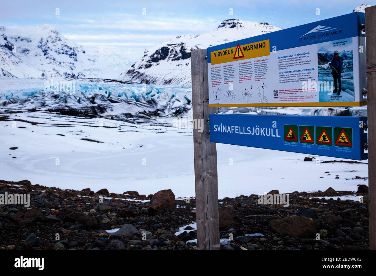 Sign showing the Svinafellsjokull glacier an outlet glacier of Vatnajokull, South Iceland Stock Photo