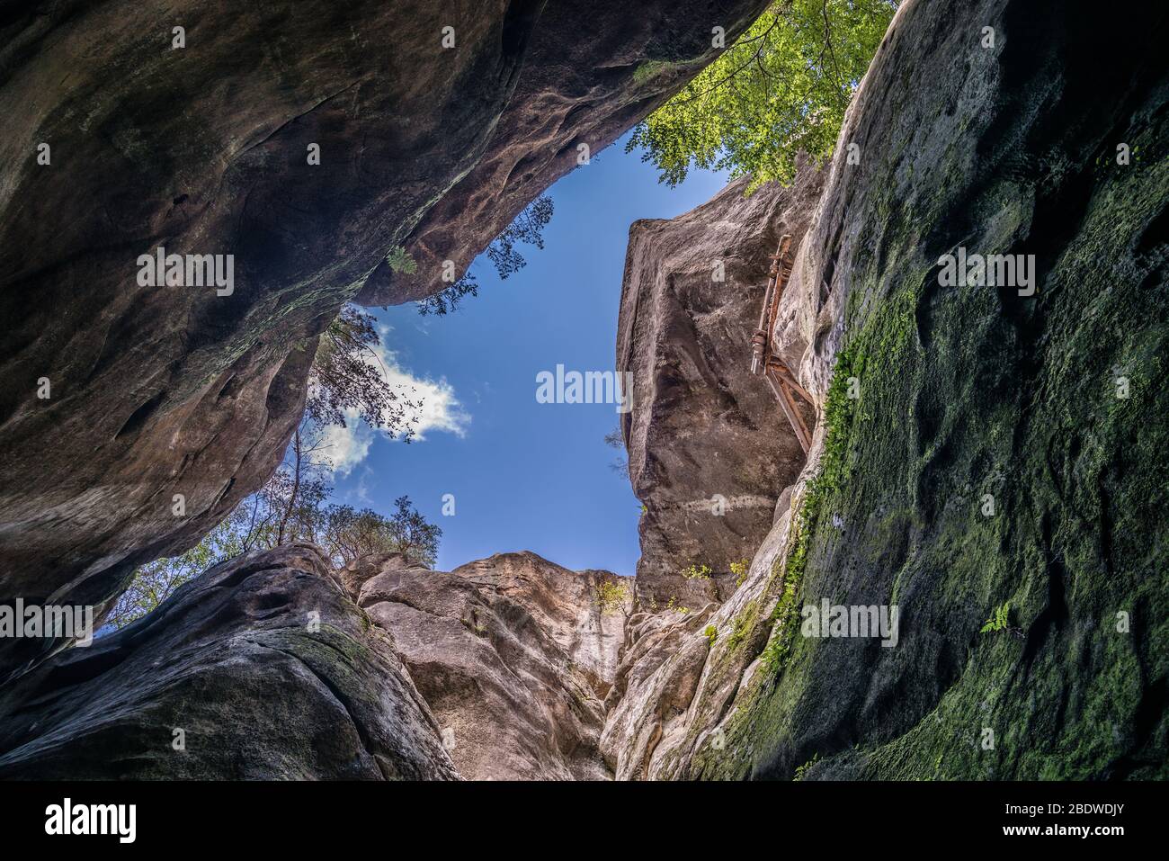 Dovbush Rocks against blue sky background. Looking up. The Rocks of Dovbush is a group of natural and man-made structures carved out of rock in the Iv Stock Photo