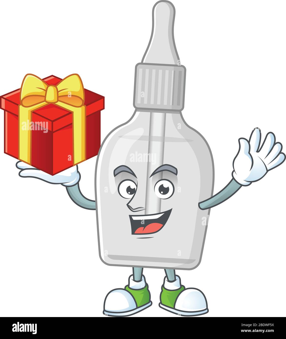 Charming bottle with pipette mascot design has a red box of gift Stock