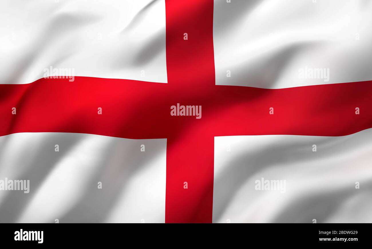 Flag of England blowing in the wind. Full page English flying flag. 3D illustration. Stock Photo