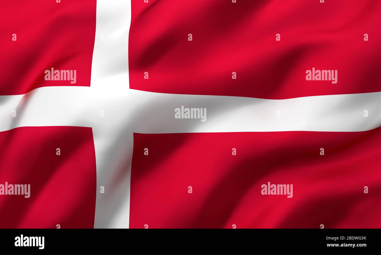 Flag of Denmark blowing in the wind. Full page Danish flying flag. 3D illustration. Stock Photo