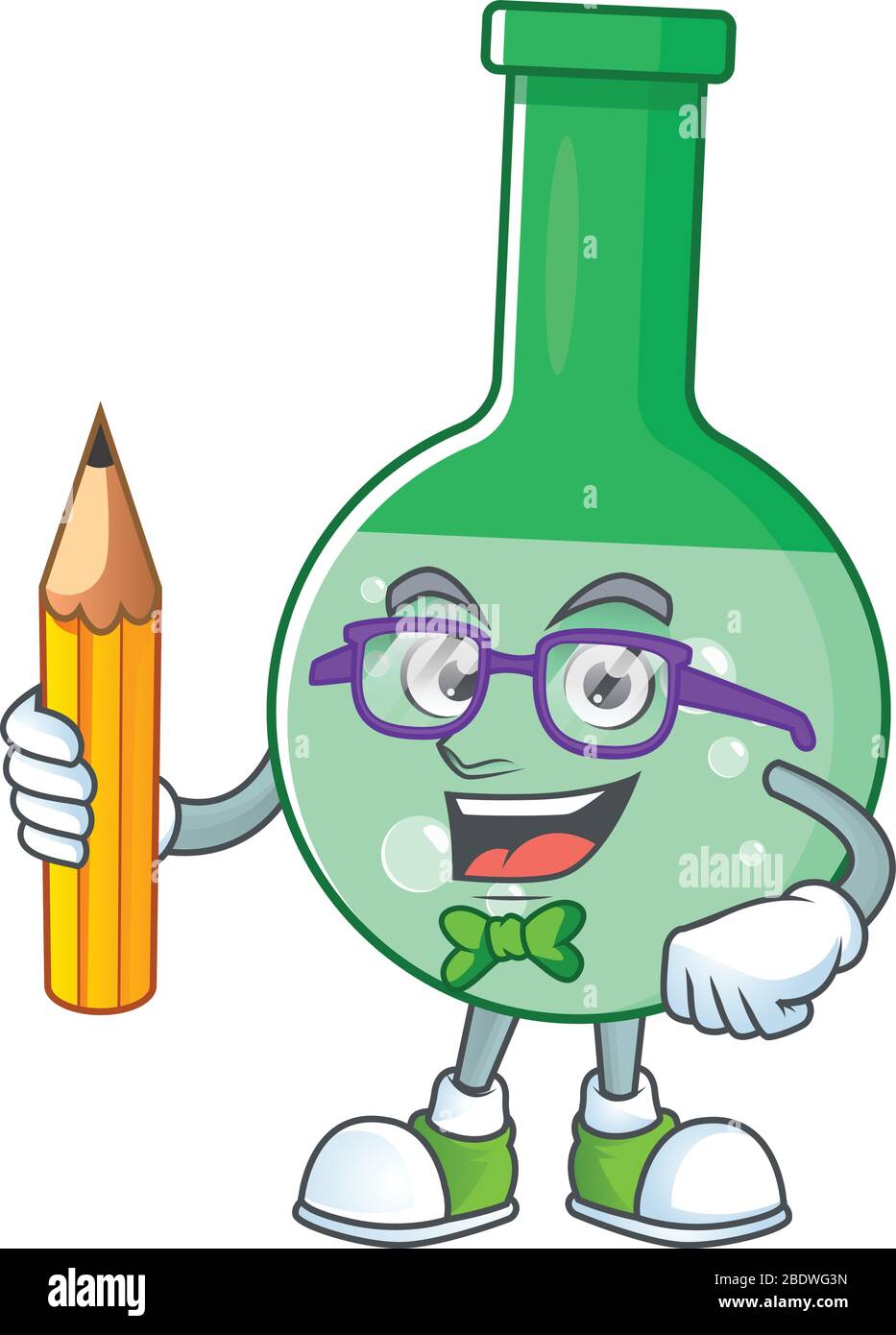 Green chemical bottle student cartoon character studying with pencil ...